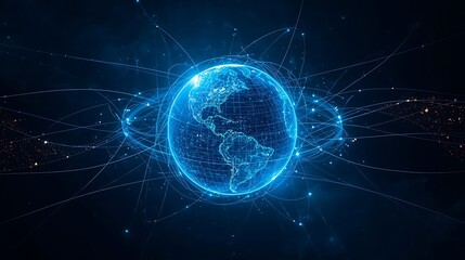 A glowing blue earth surrounded by network connections against a dark blue and black background space view