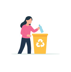Flat Design Illustration of Woman Recycling Plastic Bottle into Bin
