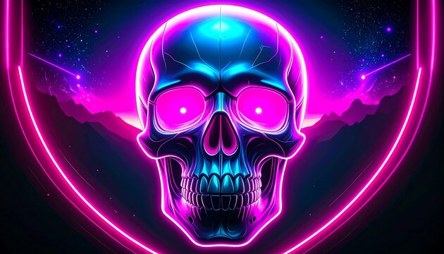 Neon skull in a cosmic landscape