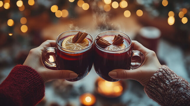 couple toasting mugs of mulled wine in kitchen after cooking together, cozy Christmas atmosphere, copy space