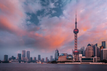 Breathtaking Shanghai Skyline at Sunset with Dramatic Colors