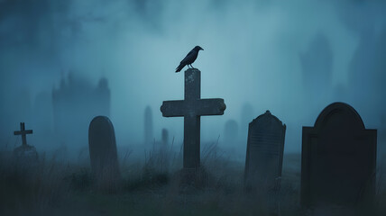 Black crow sitting atop a weathered stone cross amidst dense fog in a dark, mysterious cemetery illustration