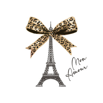 Decorative slogan with Eiffel Tower and a cute leopard pattern bow, vector for fashion, card, poster, wall art designs