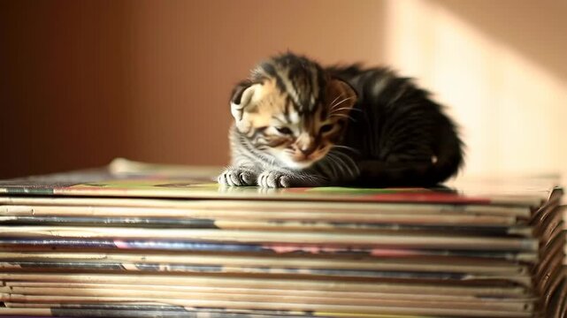 Cute tabby kitten sleeping soundly on a stack of vinyl records, resting indoors.