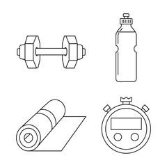 Fitness essentials icon set Dumbbell, water bottle, yoga mat, and stopwatch, perfect for health and wellness apps and websites, 2