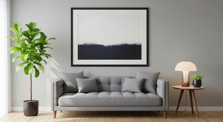 Modern living room with sofa, plant, and abstract art