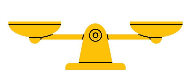 Hand drawn cute illustration balance scales side view. Flat vector mass measurement device doodle. Equal in weight bowls icon. Justice and law concept. Comparison of two options. Isolated.