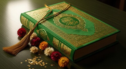 Beautifully ornate green quran with gold embellishments