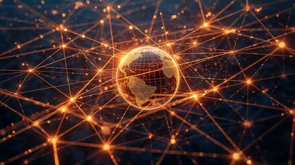 A glowing globe surrounded by a network of interconnected lines and points of light in dark space