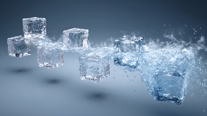 Line of ice cubes with water splashing to visualize cold refreshing concepts and hydration.