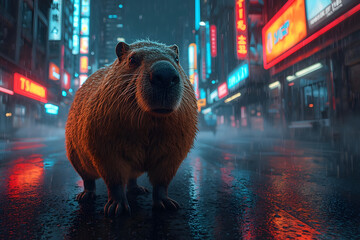 Futuristic cyberpunk night scene with capybara