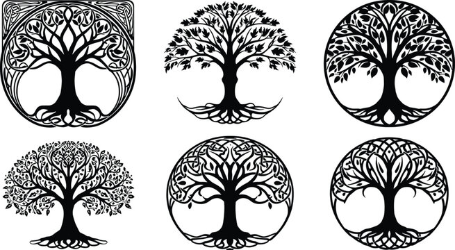  Celtic tree of life symbol vector collection, sacred geometry illustration with roots and branches, spiritual nature emblem design for tattoo, logo, and decoration