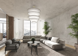 Modern living room with mountain view and layered pendant