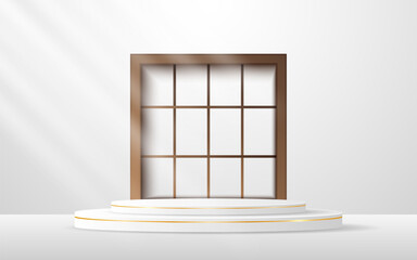 White podium with elegant gold lines and a brown slatted backdrop set in a square window for displaying advertisements. Display of cosmetic products. Stage or podium. vector illustration	