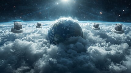 A planet surrounded by clouds with futuristic buildings floating above the cloud cover in space