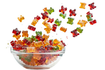 Colorful gummy bears cascade dramatically from a clear bowl against a bright white backdrop
