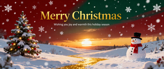 Merry Christmas scene with a snowman, Christmas tree, and a beautiful sunset.