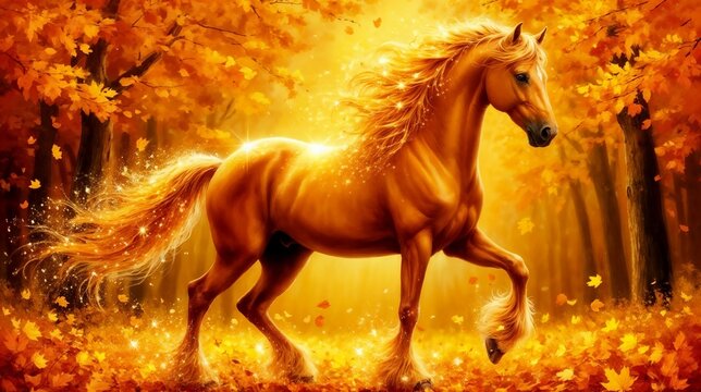 Fototapeta Golden horse galloping through autumn forest with falling leaves  