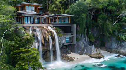 Luxury villa nestled among waterfalls and tropical foliage on a secluded beach.