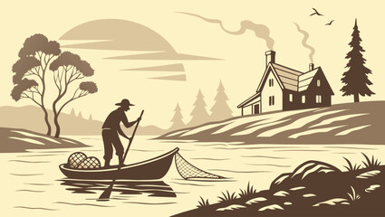 Tranquil Fishing Journey: Silhouette of Fisherman with Net in Boat by Lakeside Cottage at Sunset