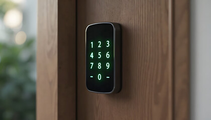 Security symbols displayed on modern electronic keypad door lock system with numeric buttons glowing green. Security symbols ensure secure access to building with electronic keypad door lock system.