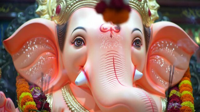 Close-up of Lord Ganesha statue with flowers, religious deity Hindu festival, Indian tradition.