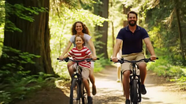 Joyful caucasian family of four cycles along a forest path at golden hour, with sunbeams, soft focus, and bokeh, tracked eye-level. Concept of joyful family adventure in nature