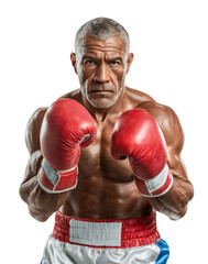 Senior man boxer posing confidently on transparent background
