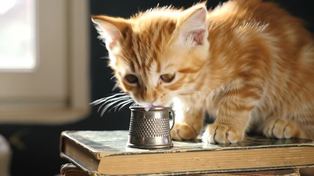 Adorable ginger kitten curiously examining a thimble on stack of books, cute and playful, indoor setting, close-up view.