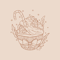 Winter sweet cupcake with holiday decorations, vector art