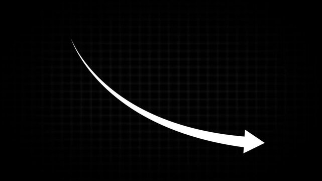 White curved arrow pointing down against a dark grid background motion graphic abstract concept