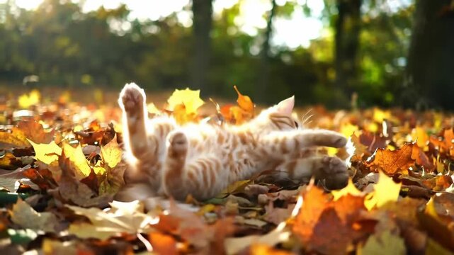 Ginger kitten playfully rolls in fallen autumn leaves in a sunny outdoor scene, playful, nature, happy, pet, animal.