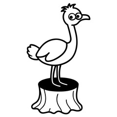 Cartoon Happy Ostrich Sitting on Tree Stump Vector Illustration