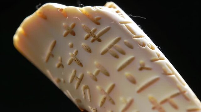 Macro shot of ancient Cuneiform writing on artifact, historical culture, history. The script is shown on the clay object.
