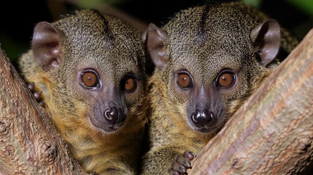 Two Kinkajous face forward on a tree branch, gazing at the camera with curious eyes, animal wildlife photography.