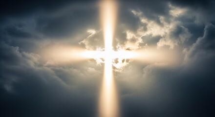 Naklejka premium Bright Cross Illuminates Dramatic Storm Clouds Symbolizing Hope and Divine Intervention