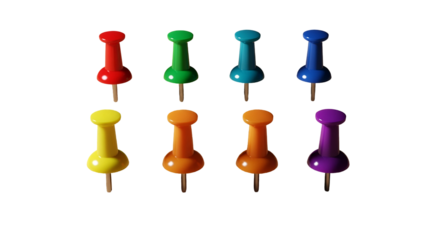 3d icon of collection of colorful push pins isolated on transparent background, perfect for office and school supplies