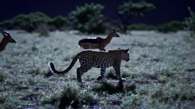 Leopard running through the wilderness, wild animal, feline predator, cat on the prowl, wildlife at night.