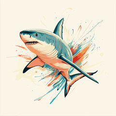 Great white shark swimming with colorful splash background  