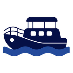 Pontoon Boat Illustration Simple Dark Blue Boat on Water Waves Vector Art