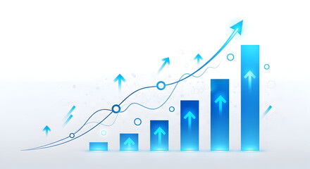 Upward trending bar graph with line chart and arrows