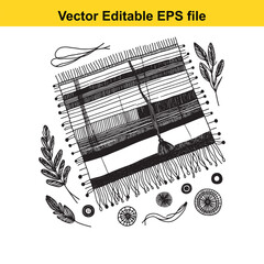Vector art of handdrawn sketch of a woven fabric with fringe and decorative elements, , vector illustration