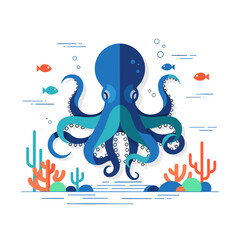 Stylish blue octopus swimming among coral and fish in water on a transparent background  