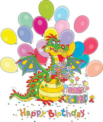 Happy birthday card with a funny dragon with a beautiful bouquet of flowers, a tasty sweet cake and colorful holiday balloons, vector cartoon illustration on a white background