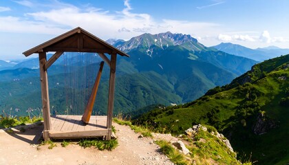 Wooden shelter on a mountain peak overlooking a valley
