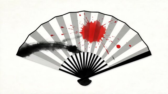 Abstract illustration of a fan featuring red splatter and black ink on white paper, creating an artistic texture design with cultural and traditional elements.