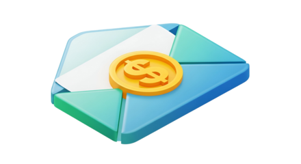 3d icon of 3d render of an envelope with a coin on it isolated on transparent background sending money concept