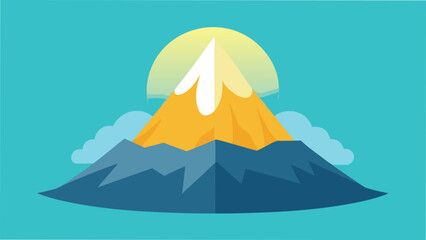 Vector art of a majestic mountain peak rises above the clouds, illuminated by the suns golden rays in a serene landscape
