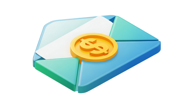 3d icon of 3d render of an envelope with a coin on it isolated on transparent background sending money concept