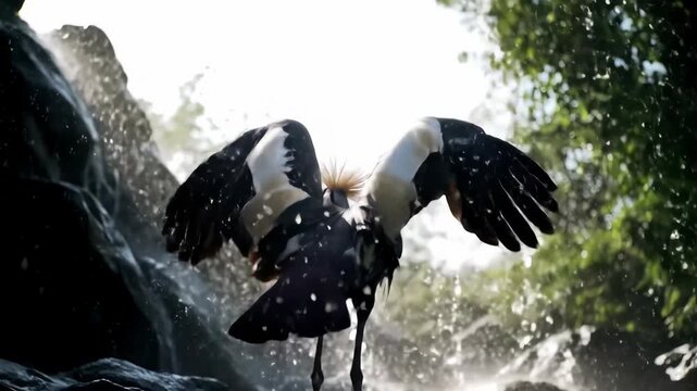 Gray crowned crane flying near waterfall in nature environment. Bird in flight with water cascading down rocks, wildlife in natural setting.